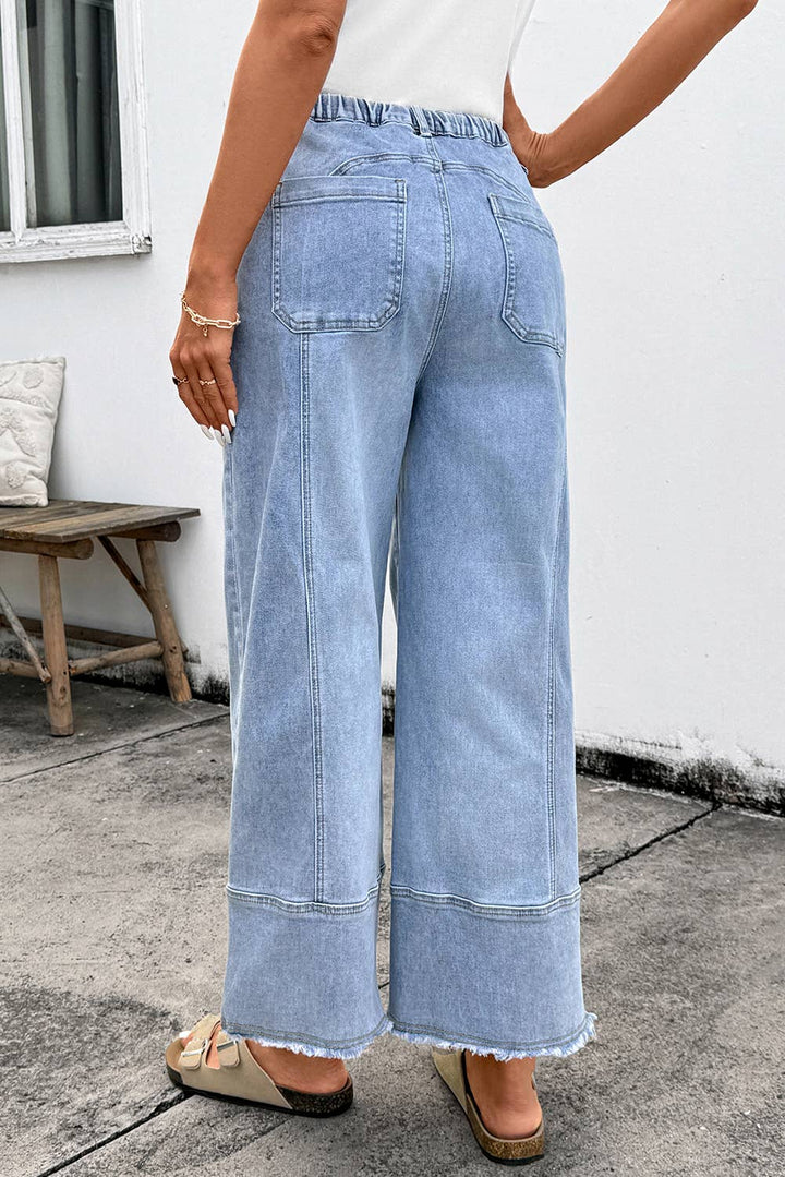 Aapparella - Seam Detail Raw Hem Wide Leg Drawstring Jeans | 4-16: Beau Blue / 12