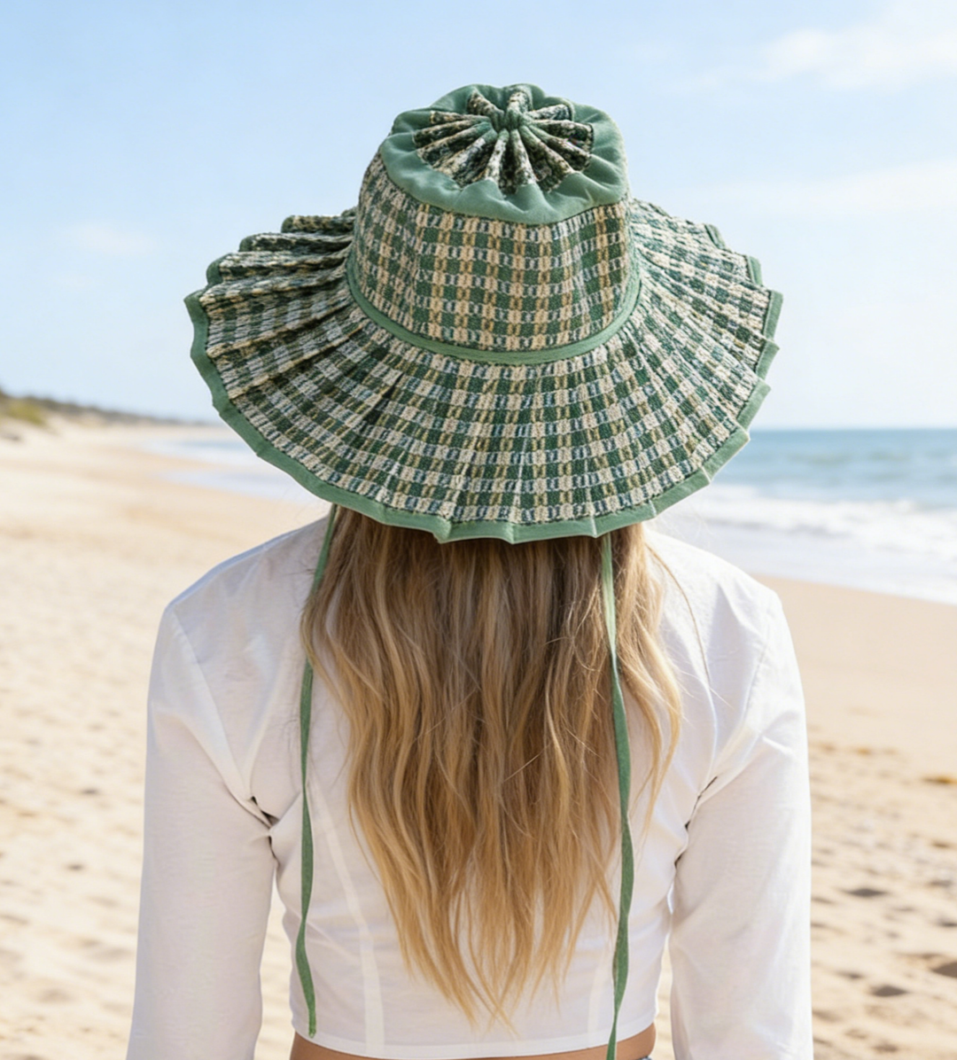 MKS America - Boho Checkered Straw Hat Foldable Beach Sun Hat: TGrass / M