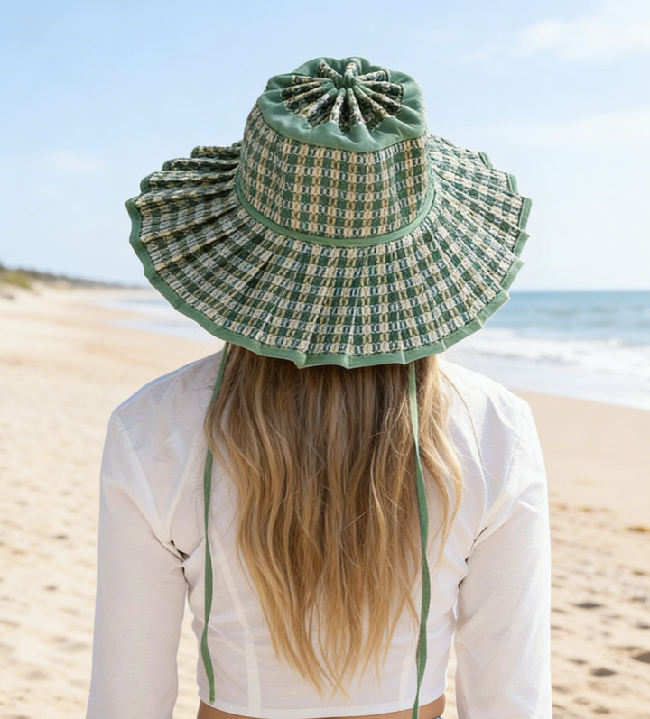 MKS America - Boho Checkered Straw Hat Foldable Beach Sun Hat: TGrass / M