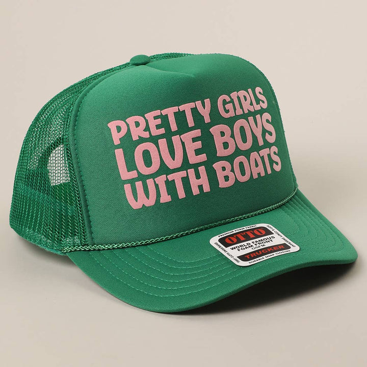 Fashion City - Pretty Girls Love Boys With Boats Text Print Mesh Back Cap: Pink / ONE SIZE