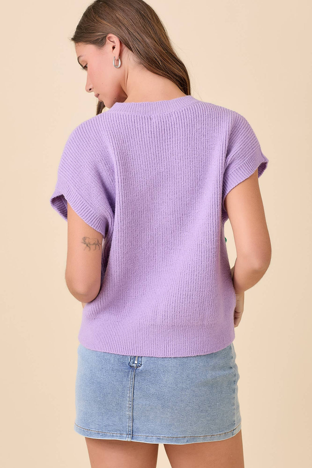 Main Strip - Mardi Gras Ribbon Bow Knit Top: PURPLE / M