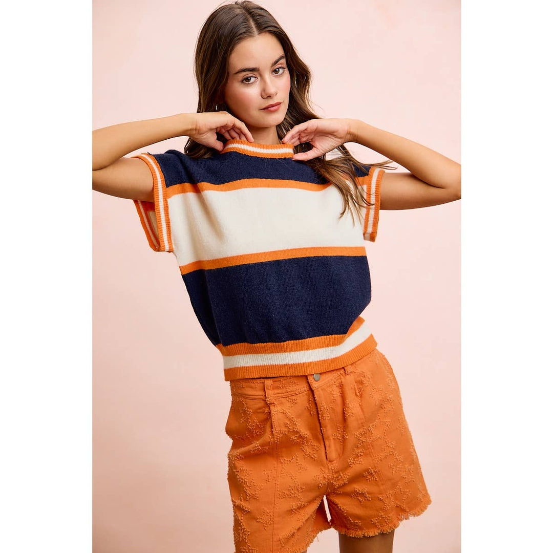 BiBi - GAMEDAY THEME COLORBLOCK REALXED FIT KNIT TOP: NAVY/ORANGE / M