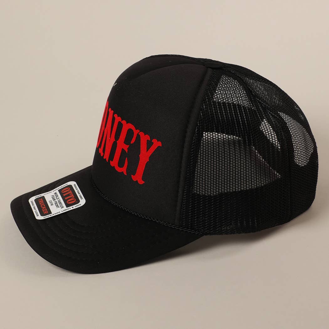 Fashion City - HONEY Text Logo Printed Mesh Back Trucker Hat: White / ONE SIZE