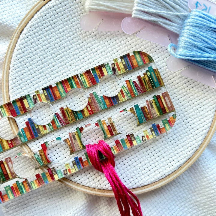 Snarky Crafter Designs - Books on a Bookshelf Embroidery Floss Organizer for 20 Colors | Reader's Transparent Thread Holder: Peacock Feathers