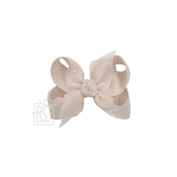 Beyond Creations, LLC - LAYERED ORGANZA/GROSGRAIN BOW ON CLIP: 5.5" Huge - 2.25" Ribbons on Alligator Clip / ANTIQUE WHITE