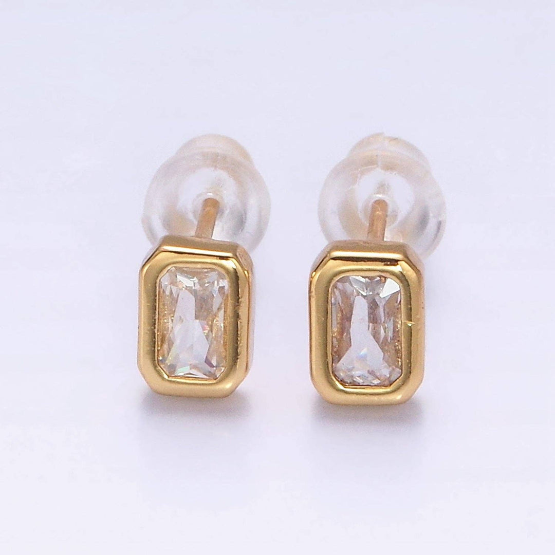 Aim Eternal - Gold Filled Colorful Multifaceted Baguette CZ Stud Earrings: Blue