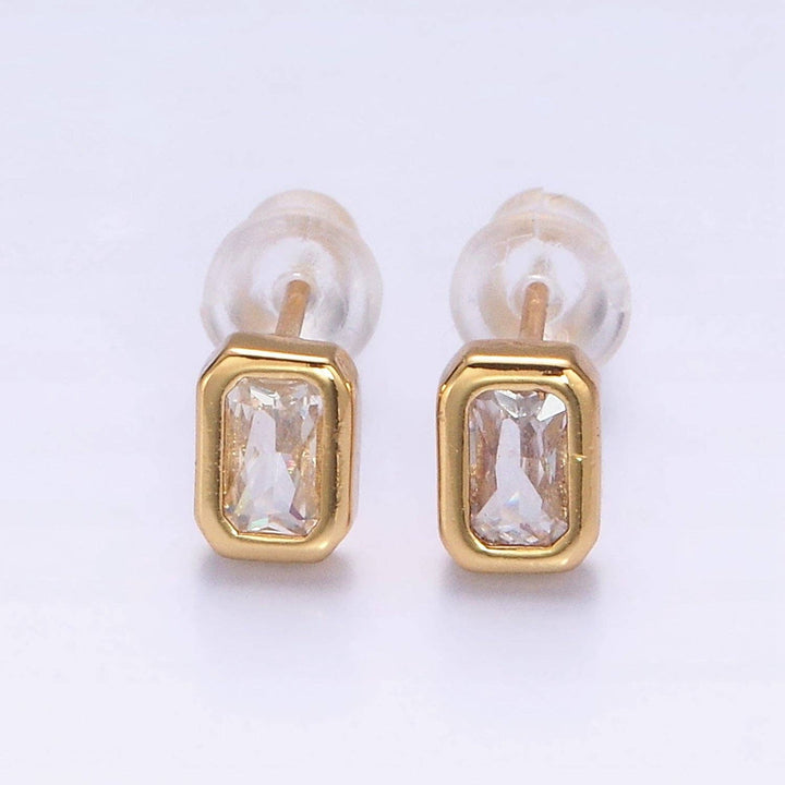 Aim Eternal - Gold Filled Colorful Multifaceted Baguette CZ Stud Earrings: Blue