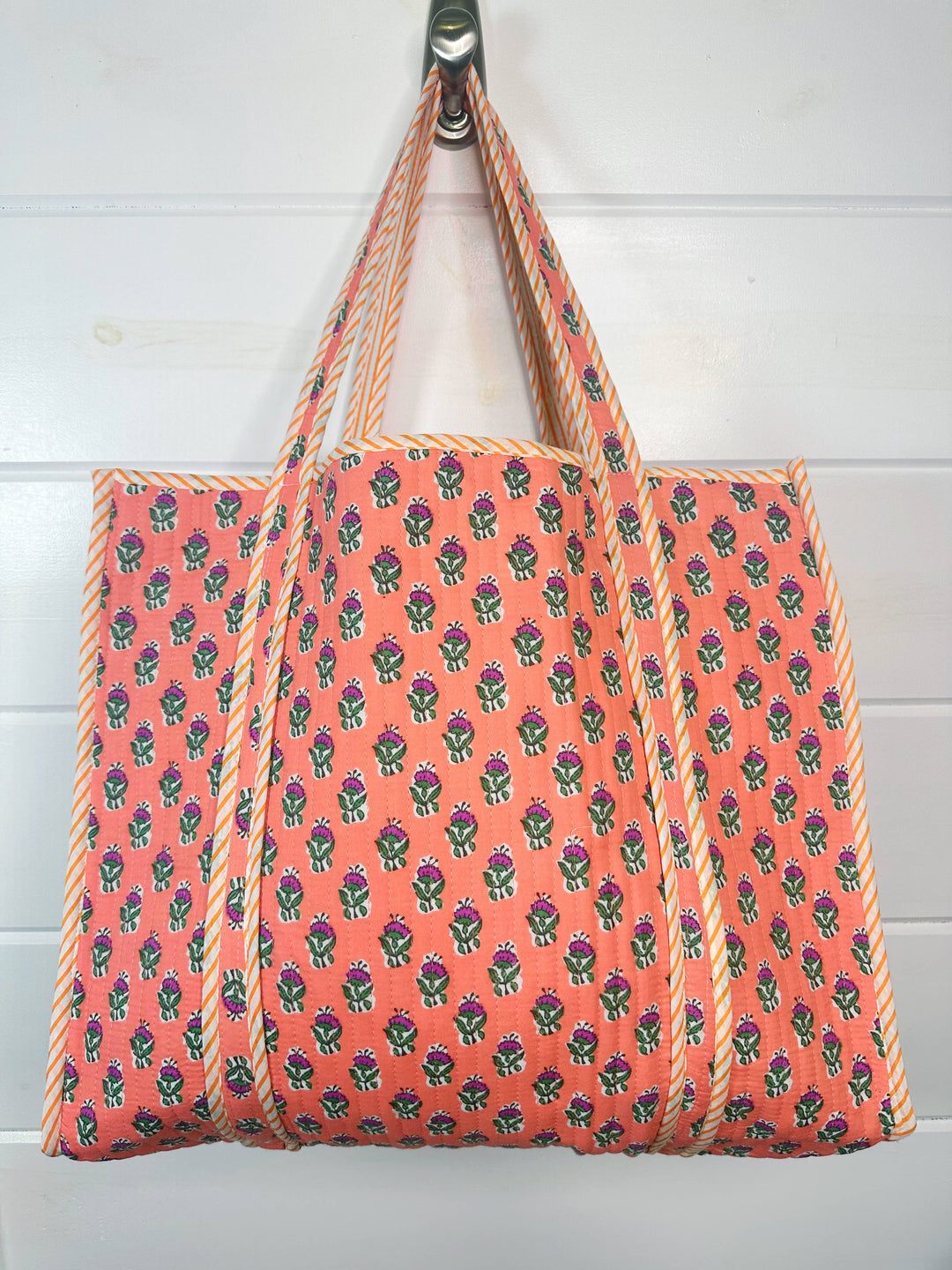 Folklore Couture - Quilted Tote Bag | Coral Floral Tote | Large Shopping Bag