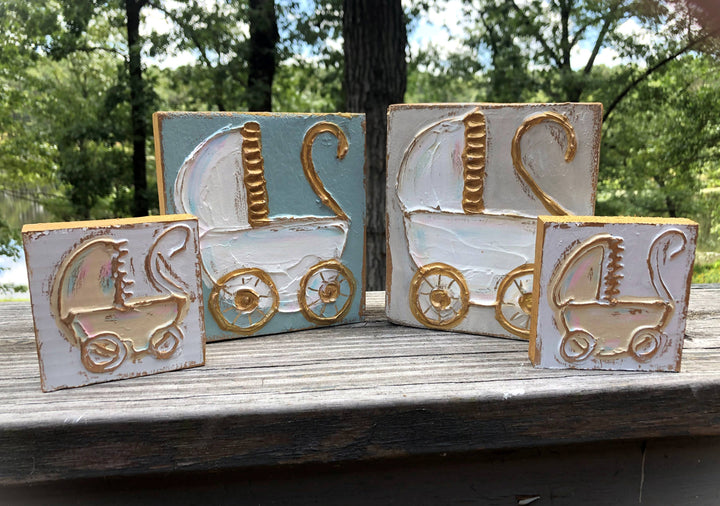 Coddiwomple - Baby Carriage handmade textured wood block: Cream background / Mini block (3x3)