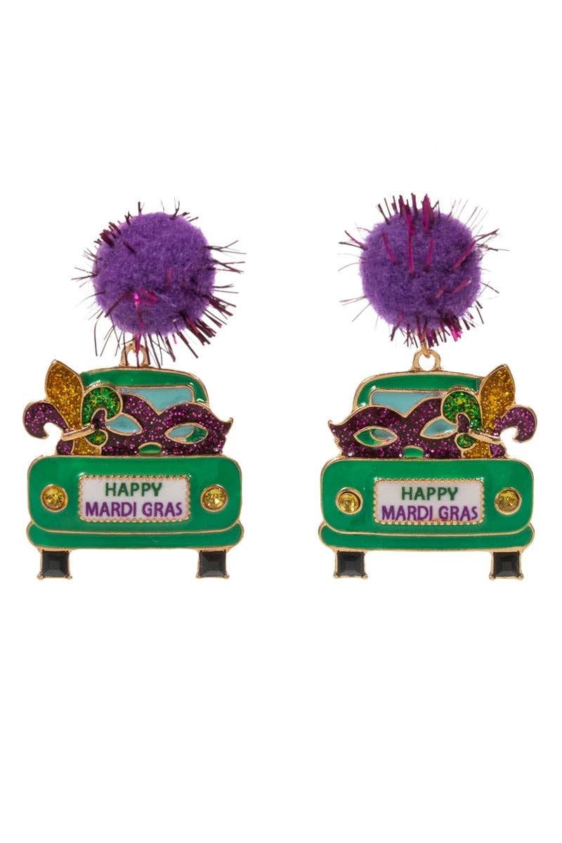 Verita Lane - Truck Mardi Gras Color Pompom Enamel Post Earrings Dangle