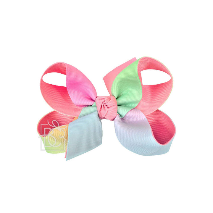 Beyond Creations, LLC - LAYERED RAINBOW BOW ON CLIP: 4" Med/Lg - 7/8" & 7/8" Ribbon on Alligator Clip / SHELL PINK/RAINBOW