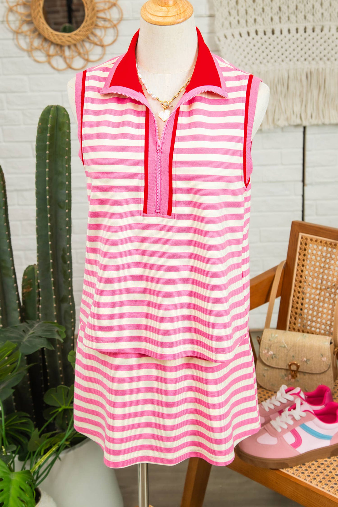 Striped Sleeveless Polo Two-Piece Set Casual Outfit: Sachet Pink / S