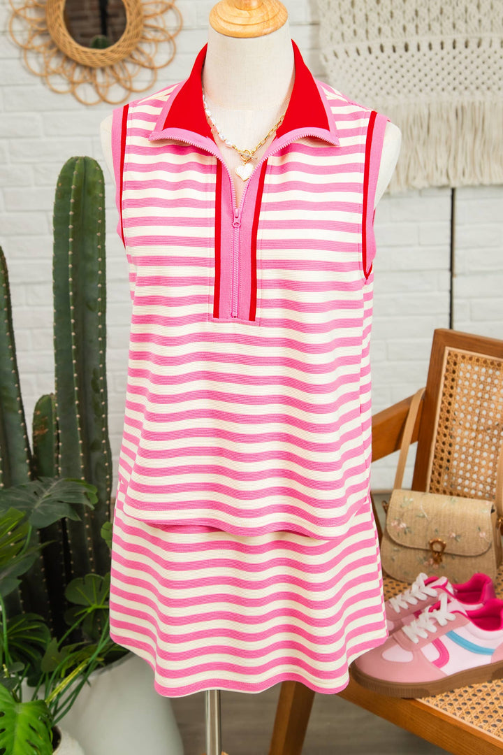 Striped Sleeveless Polo Two-Piece Set Casual Outfit: Sachet Pink / M