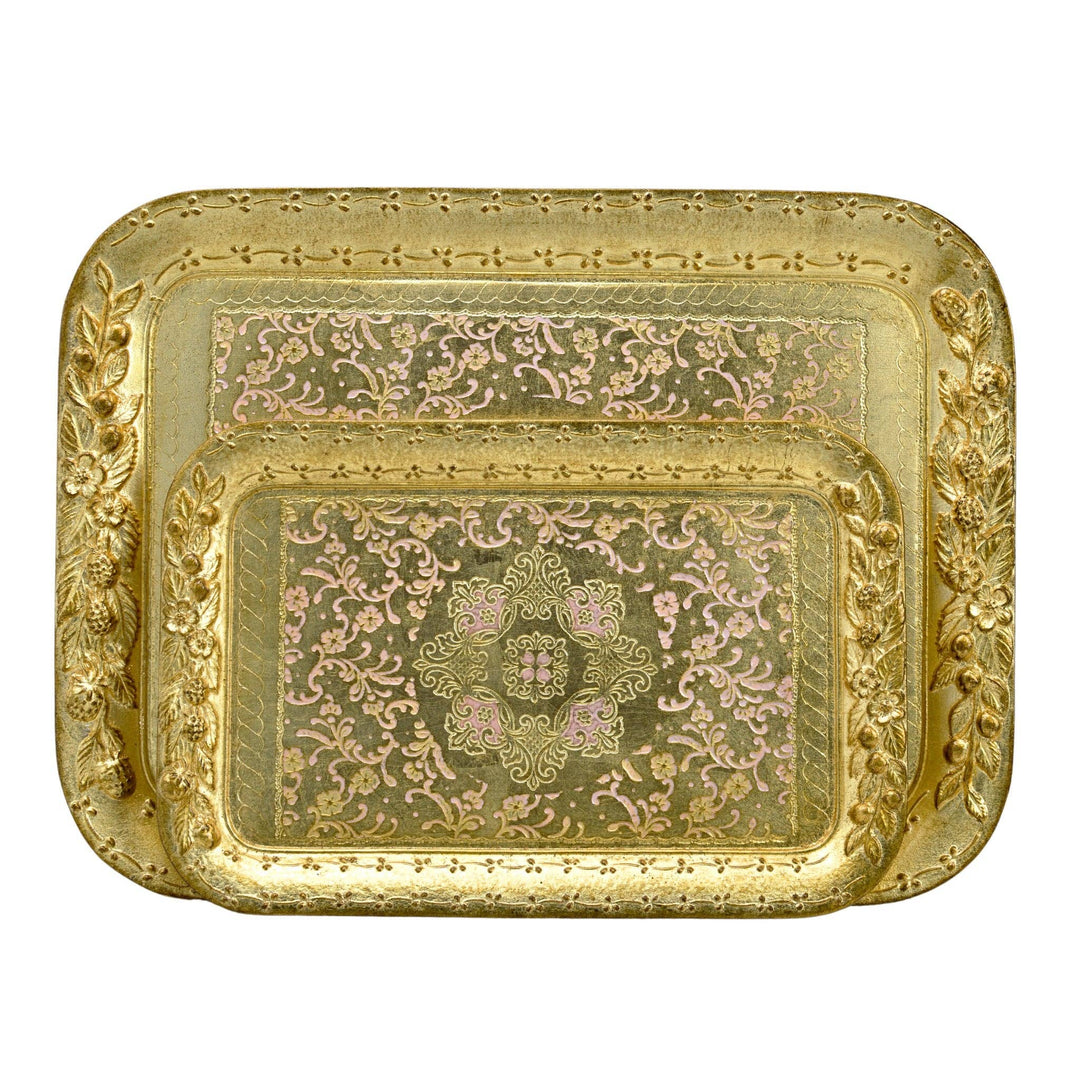 Florentine Wood Rectangle Berry and Botanical Tray, Made in Italy: Cappuccino / Large