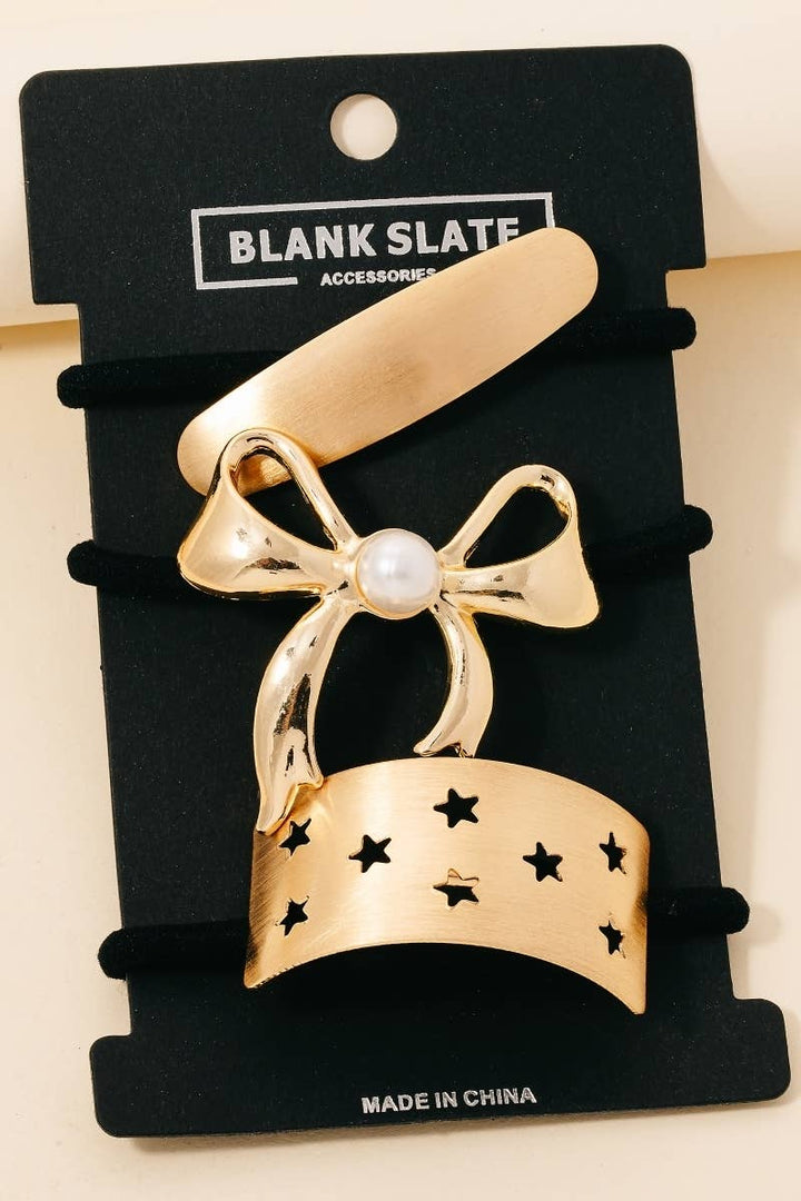Anarchy Street - Pearl Stud Ribbon Bar And Stars Hair Tie Set: G