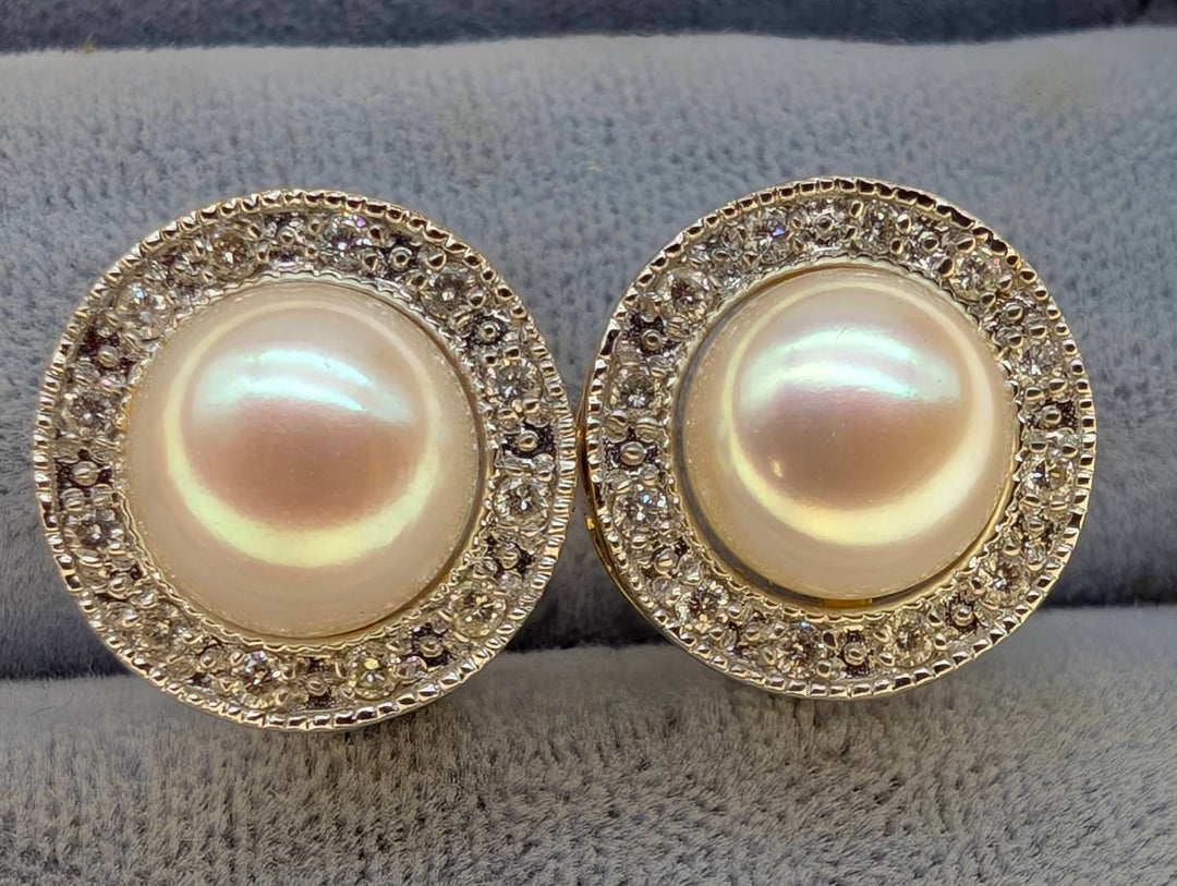 Estate Pair Of 14K Gold, Pearl & Diamond Earrings