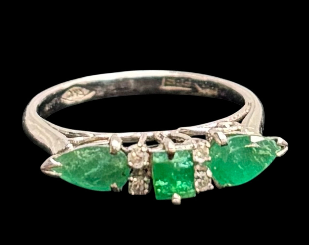 Estate 14k WG Tapered Emerald & Diamond Ring, sz 5.5 (2.6g)
