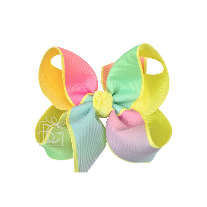 Beyond Creations, LLC - LAYERED RAINBOW BOW ON CLIP: 4" Med/Lg - 7/8" & 7/8" Ribbon on Alligator Clip / SHELL PINK/RAINBOW