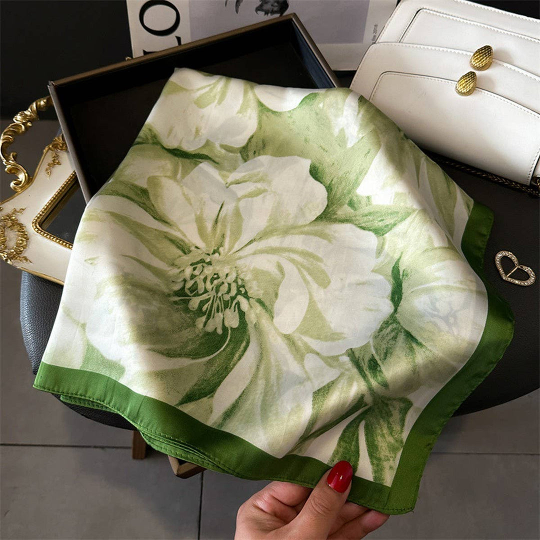 ACCITY - Lotus & Peony Print Satin Square Scarf for Summer_CWASC1429: BLUEORANGE / (OS) 3