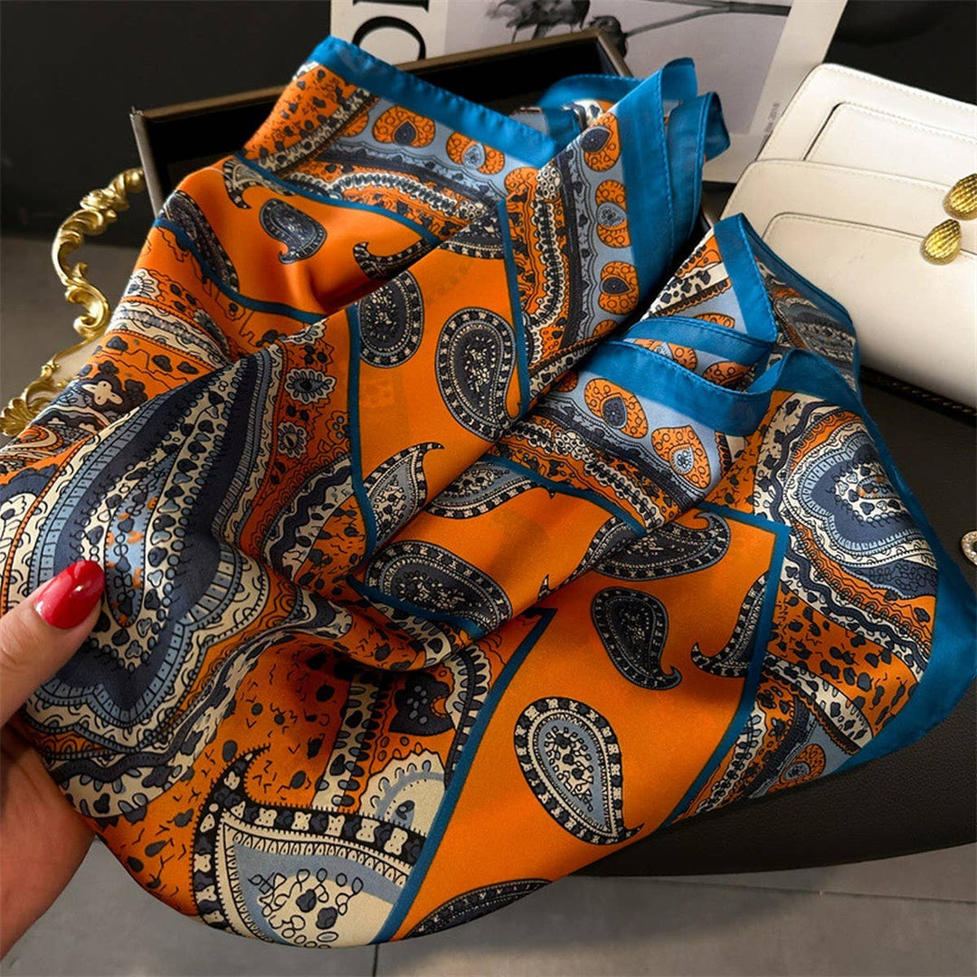 ACCITY - Lotus & Peony Print Satin Square Scarf for Summer_CWASC1429: BLUEORANGE / (OS) 3
