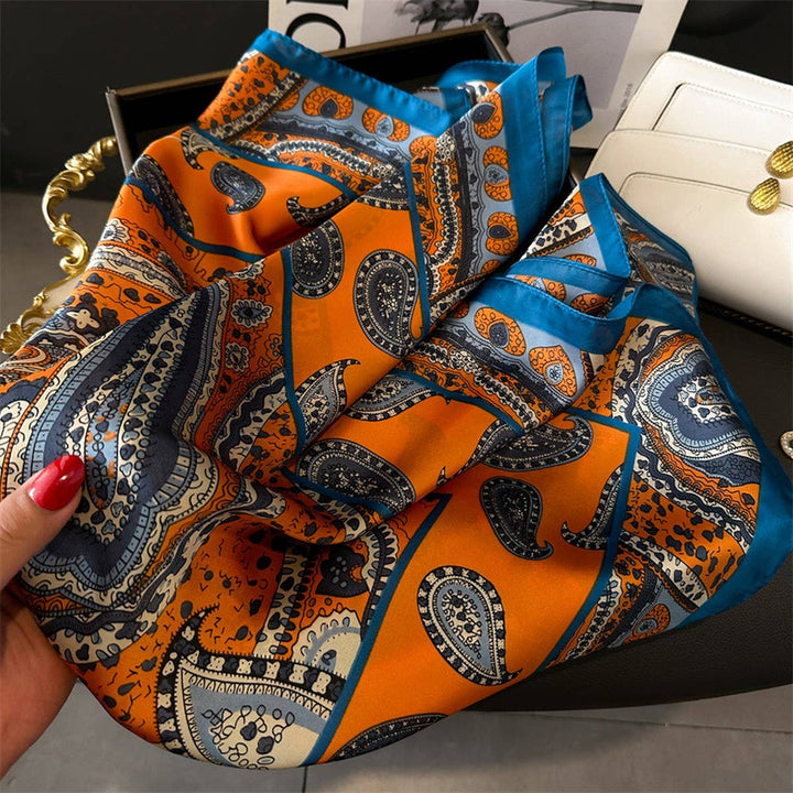 ACCITY - Lotus & Peony Print Satin Square Scarf for Summer_CWASC1429: BLUEORANGE / (OS) 3