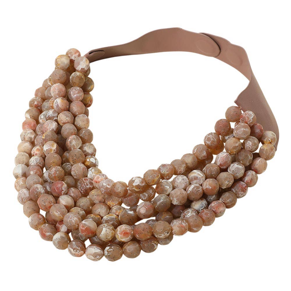Sensibling Corp. - Marbled Faceted Ball Beaded Multi Layered Faux Leather Magnetic Necklace: Tan