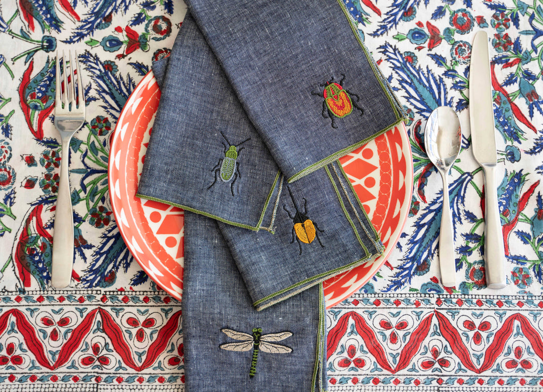 Dot and Army - Insect Embroidery Linen Chambray Cloth Napkins, set of four: 10inch cocktail