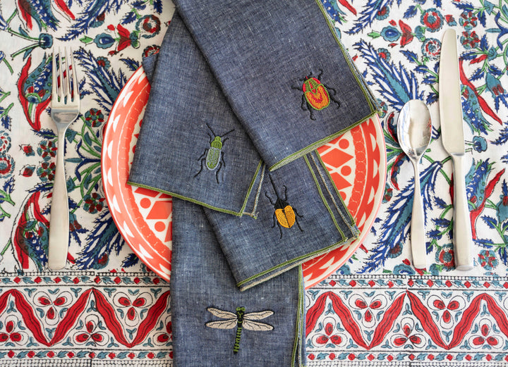 Dot and Army - Insect Embroidery Linen Chambray Cloth Napkins, set of four: 10inch cocktail