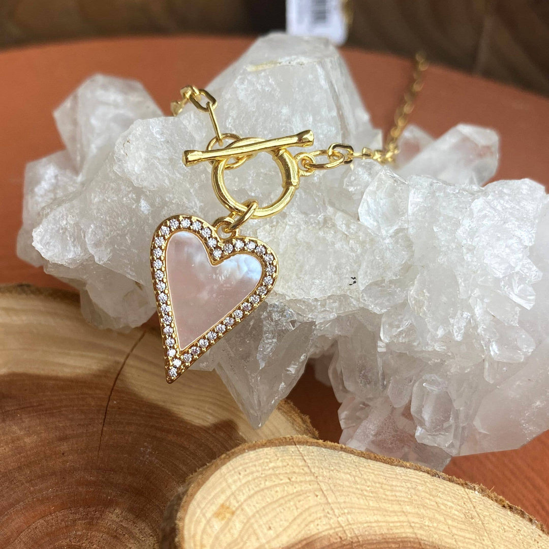 Splendid Iris - Mother of Pearl Pave Heart Toggle Necklace