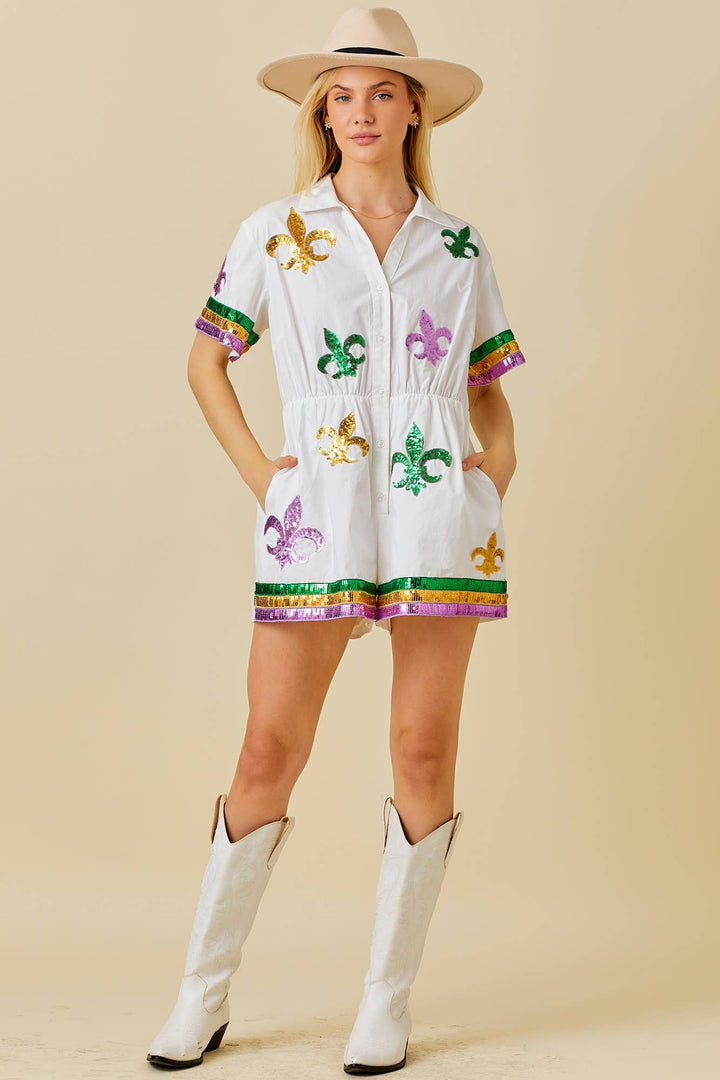 Main Strip - Mardi Gras Sequin Trim Solid Romper: WHITE / M