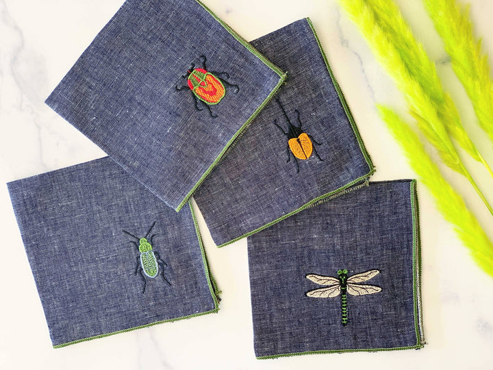 Dot and Army - Insect Embroidery Linen Chambray Cloth Napkins, set of four: 10inch cocktail