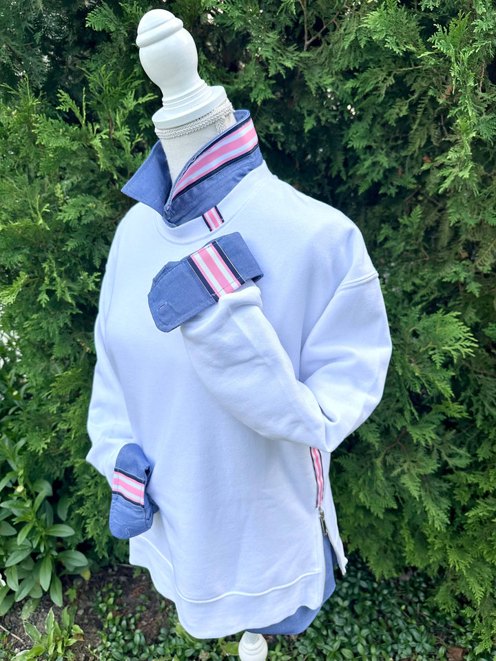 Pearly Vine - Casie 2 - Navy Oxford w/Navy, White & Pink Stripe Ribbon: Navy w Blue White & Pink Stripe Ribbon / L