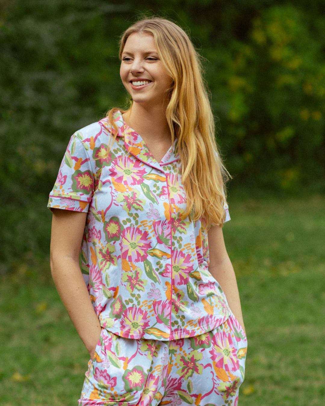 The Royal Standard - Summer Bouquet Short Sleeve Button Up Sleep Shirt   Pink/Blue/Multi   -Asst.: Medium