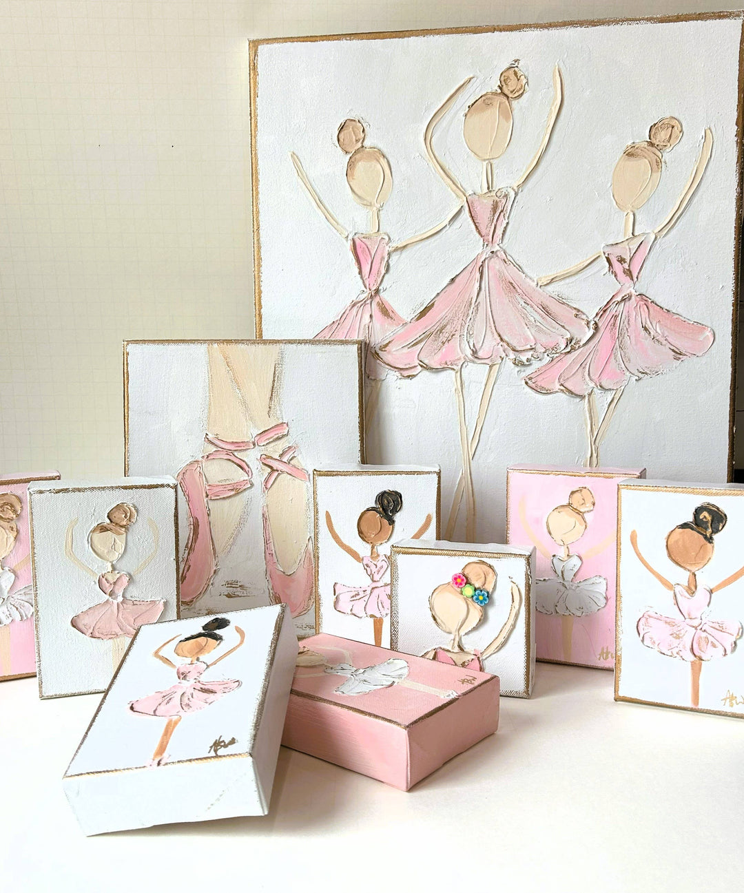 Coddiwomple - Ballerina canvas hand painted textured recital dance ballet: White back & pink dress / 4x6 gallery profile canvas / Light skin & lt. brown hair