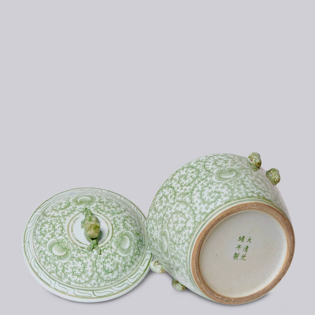 Cobalt Guild - Green and White Porcelain Scrolling Peony Lug Jar