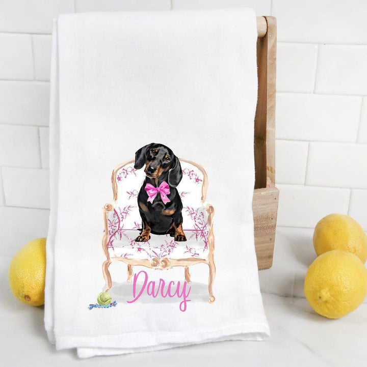 The Preppy Pineapple Home - Custom Black Dachshund Flour Sack Towel with Pet Name: No Accessory / Palm Chair