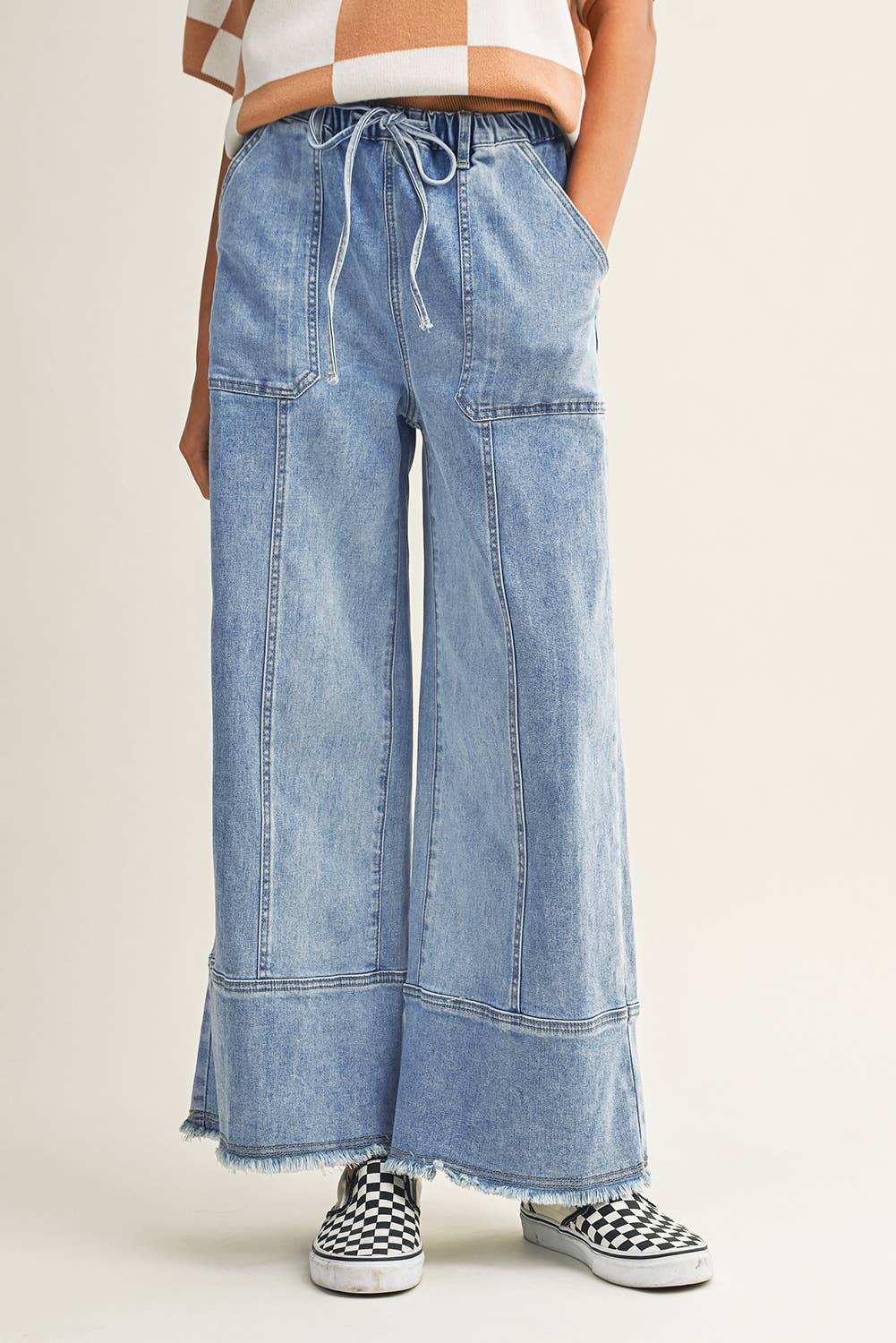 Drawstring Seam Detail Raw Hem Wide Leg Denim Pants: Beau Blue / 14