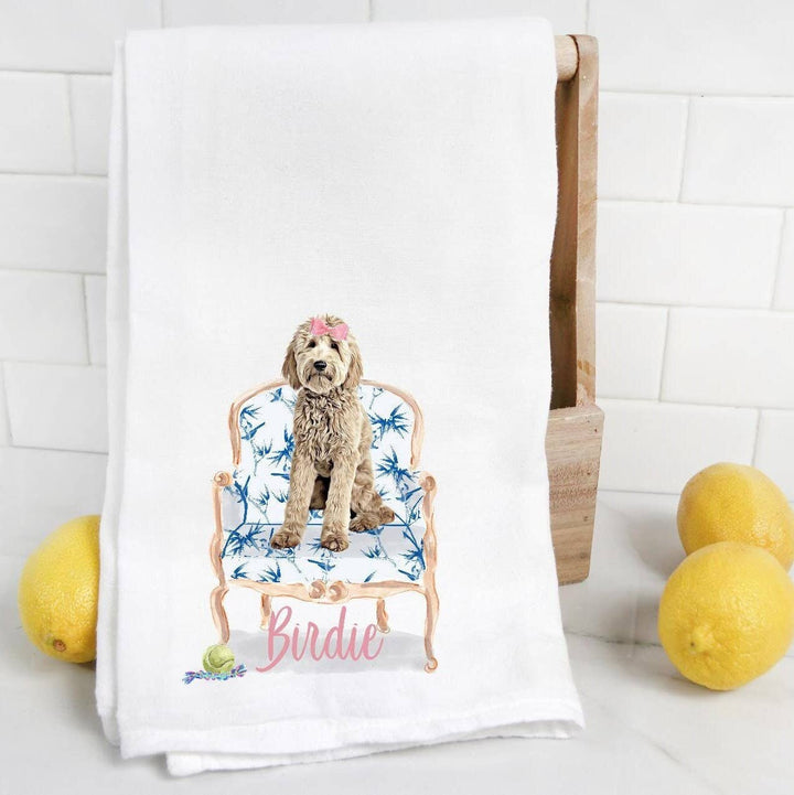 The Preppy Pineapple Home - Custom Goldendoodle Tea Towel: No Accessory / Chinoiserie Chair