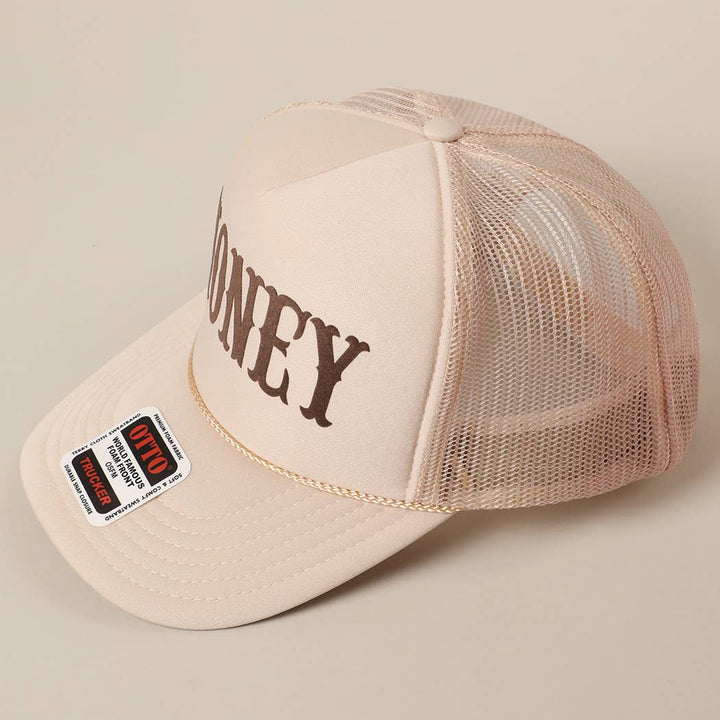 Fashion City - HONEY Text Logo Printed Mesh Back Trucker Hat: White / ONE SIZE