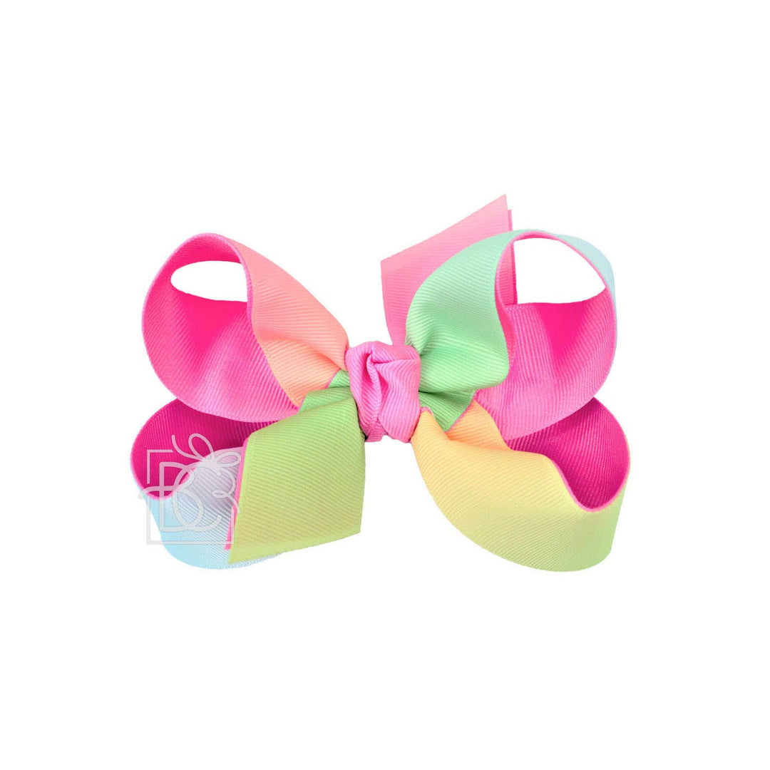 Beyond Creations, LLC - LAYERED RAINBOW BOW ON CLIP: 4" Med/Lg - 7/8" & 7/8" Ribbon on Alligator Clip / SHELL PINK/RAINBOW