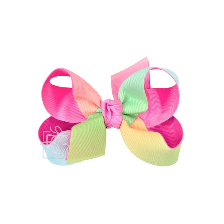 Beyond Creations, LLC - LAYERED RAINBOW BOW ON CLIP: 4" Med/Lg - 7/8" & 7/8" Ribbon on Alligator Clip / SHELL PINK/RAINBOW