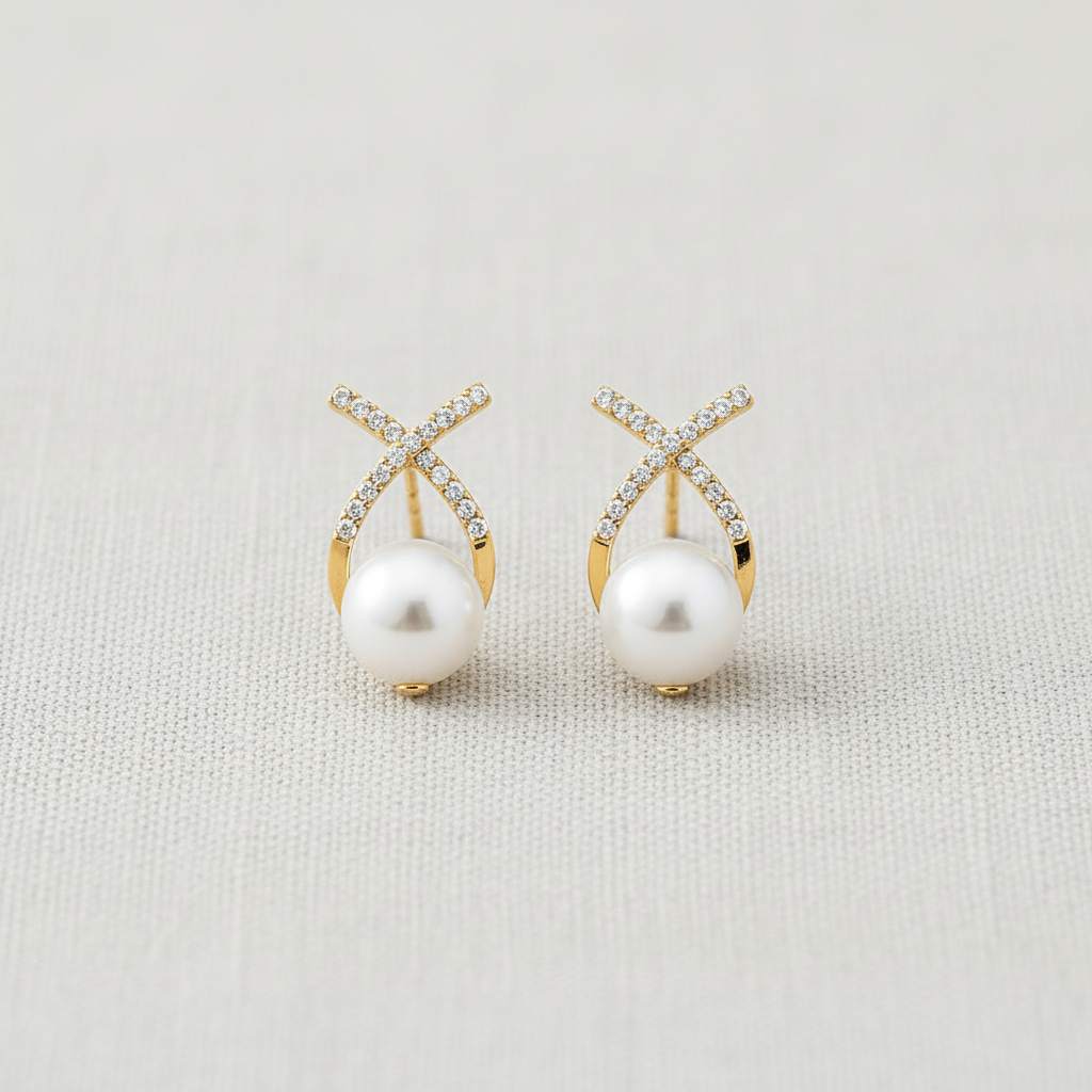 paperln - Cross Pearl Earrings with Zirconia Accents