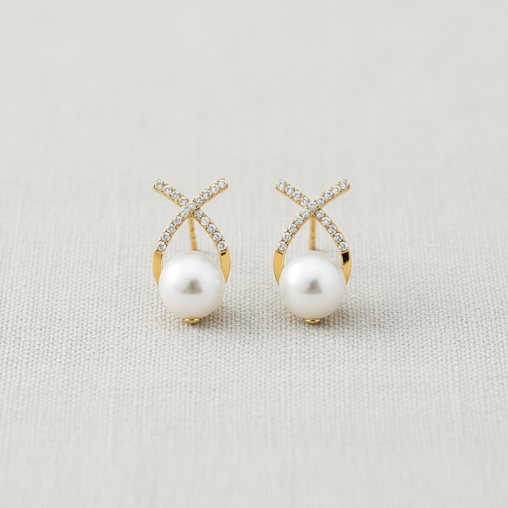 paperln - Cross Pearl Earrings with Zirconia Accents