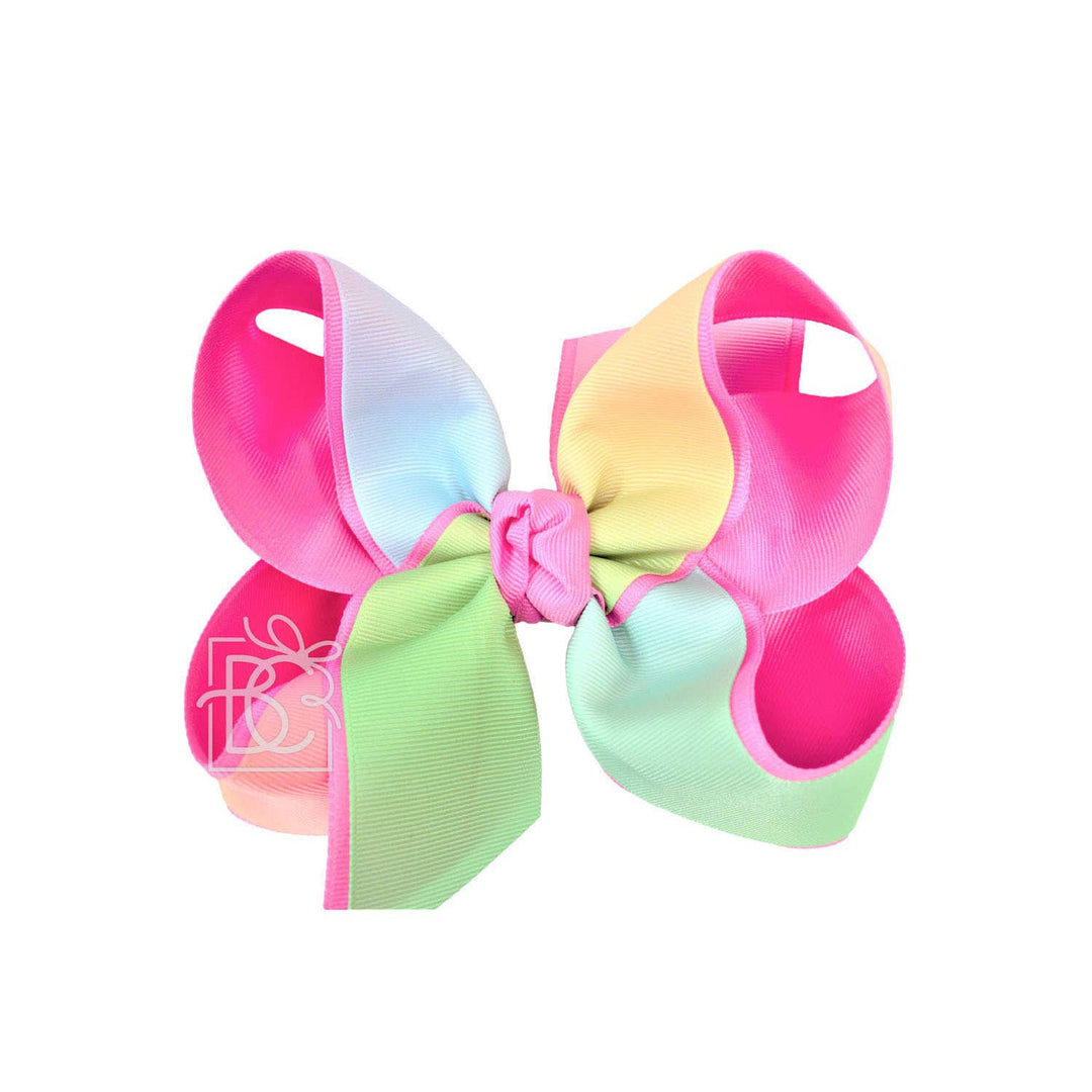 Beyond Creations, LLC - LAYERED RAINBOW BOW ON CLIP: 4" Med/Lg - 7/8" & 7/8" Ribbon on Alligator Clip / SHELL PINK/RAINBOW