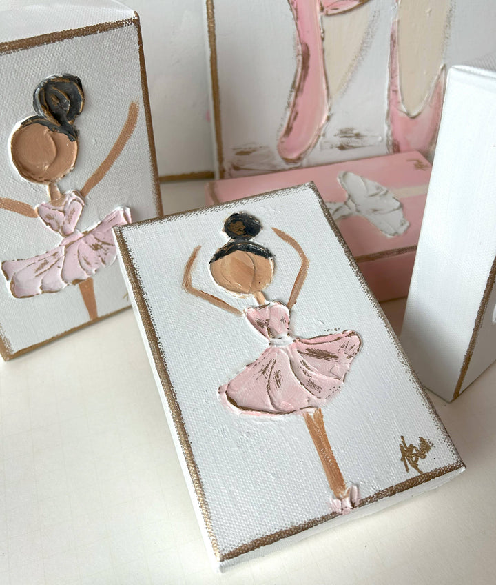 Coddiwomple - Ballerina canvas hand painted textured recital dance ballet: White back & pink dress / 4x6 gallery profile canvas / Light skin & lt. brown hair