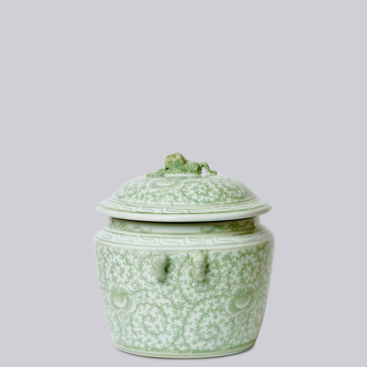 Cobalt Guild - Green and White Porcelain Scrolling Peony Lug Jar