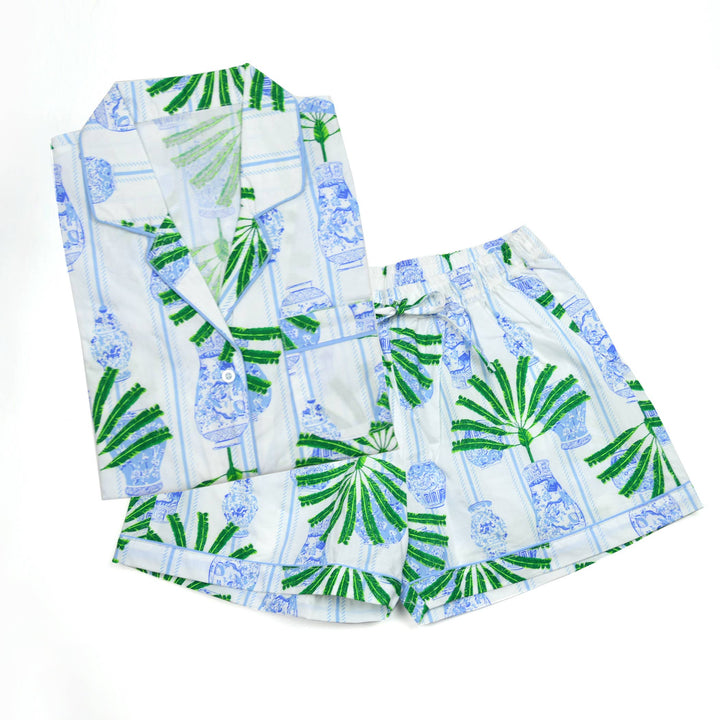 Ginger Jar Palm PJ Set with Shorts & Long Sleeve Top: Extra Small/Small