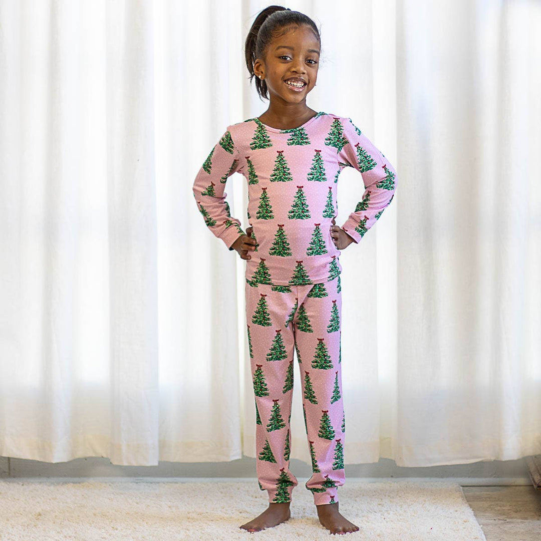 The Royal Standard - Kid's Noelle Tree Long Sleeve Pajamas   Light Pink/Multi   -Asst.: 5T