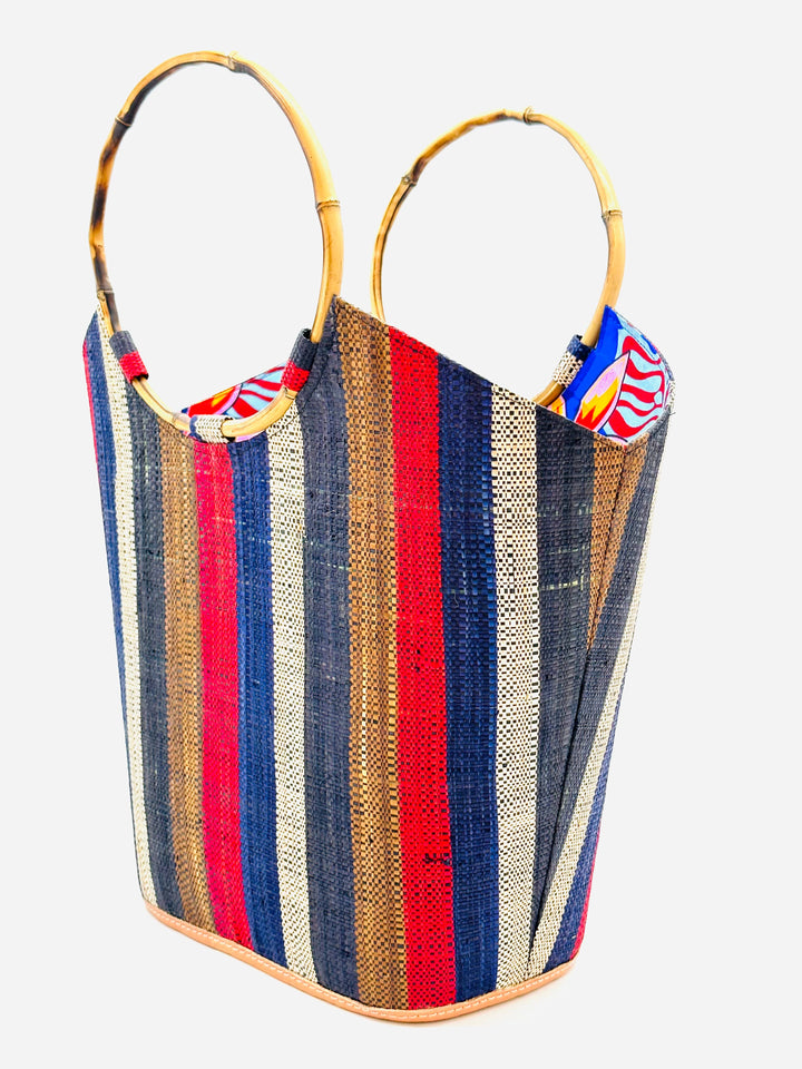 Shebobo - Carmen Solid & Stripes Straw Bucket Bag with Bamboo Handles: Natural