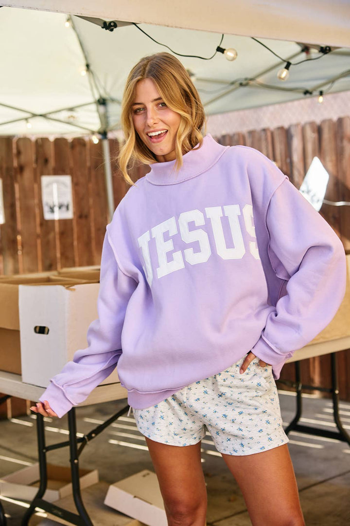 BUCKETLIST INC - IT2594E-JESUS  'JESUS' Embroidered Mock Neck Sweatshirt : LAVENDER / S/M-L/XL (3-3)